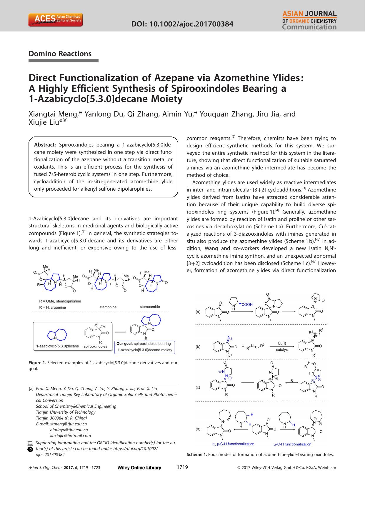 Direct Functionalization of Azepane via Azomethine Ylides: AâHighly Efficient Synthesis of Spirooxindoles Bearing a 1âAzabicyclo[5.3.0]decane Moiety by Unknown