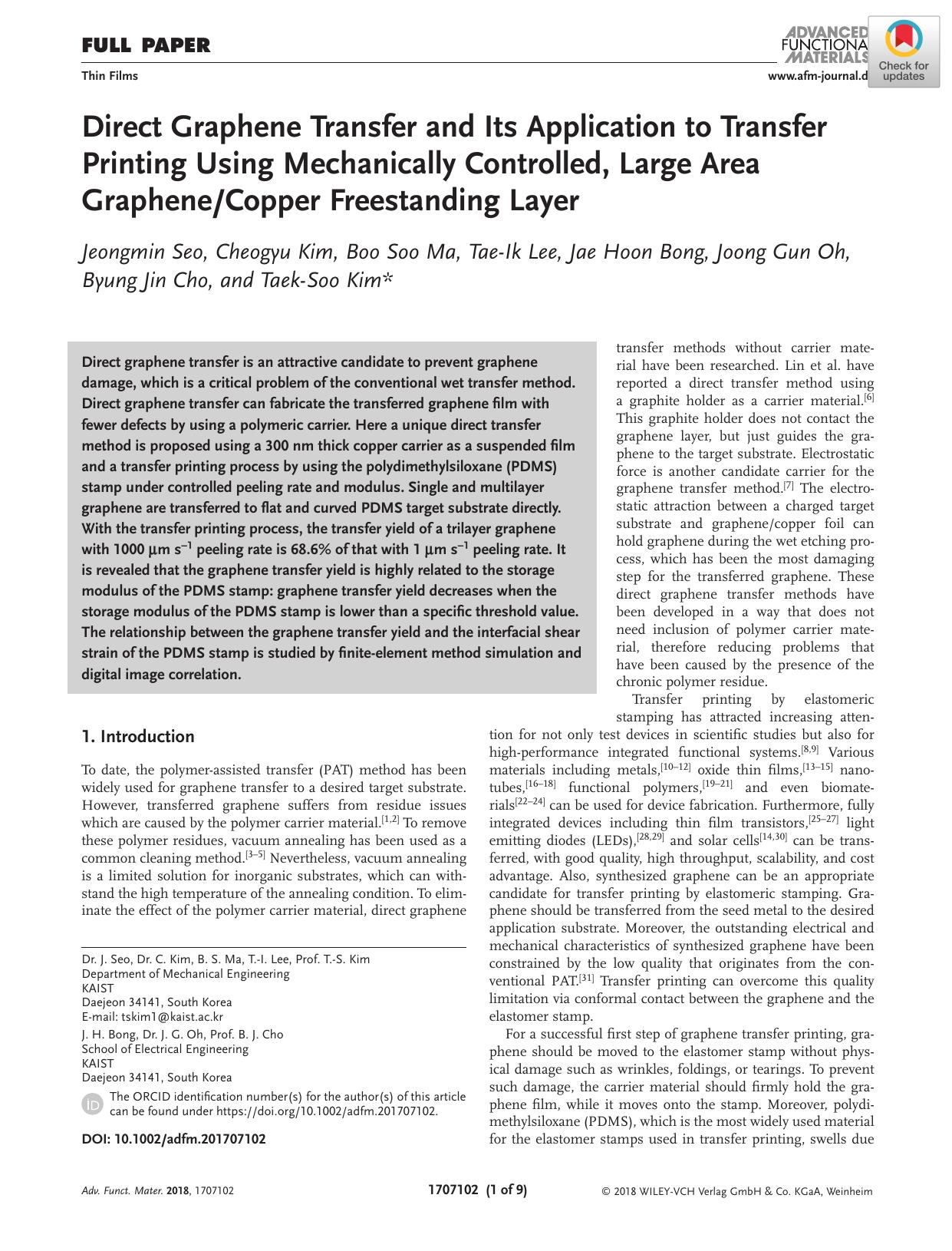 Direct Graphene Transfer and Its Application to Transfer Printing Using Mechanically Controlled, Large Area GrapheneCopper Freestanding Layer by Unknown