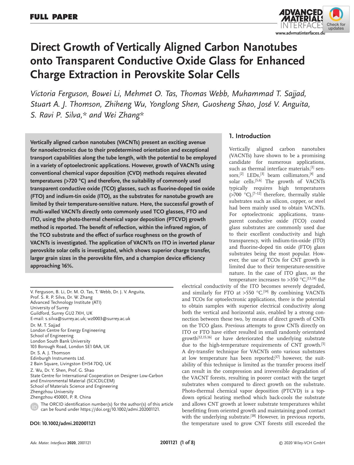 Direct Growth of Vertically Aligned Carbon Nanotubes onto Transparent Conductive Oxide Glass for Enhanced Charge Extraction in Perovskite Solar Cells by Unknown