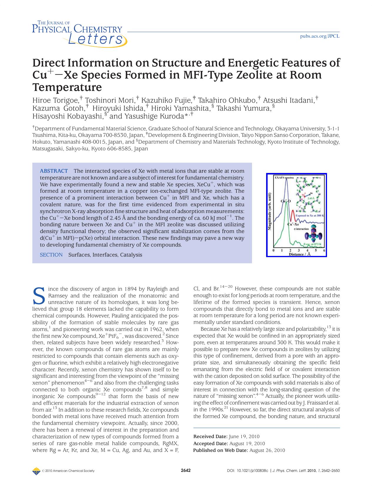 Direct Information on Structure and Energetic Features of Cu<sup>+<sup>Xe Species Formed in MFI-Type Zeolite at Room Temperature by Unknown