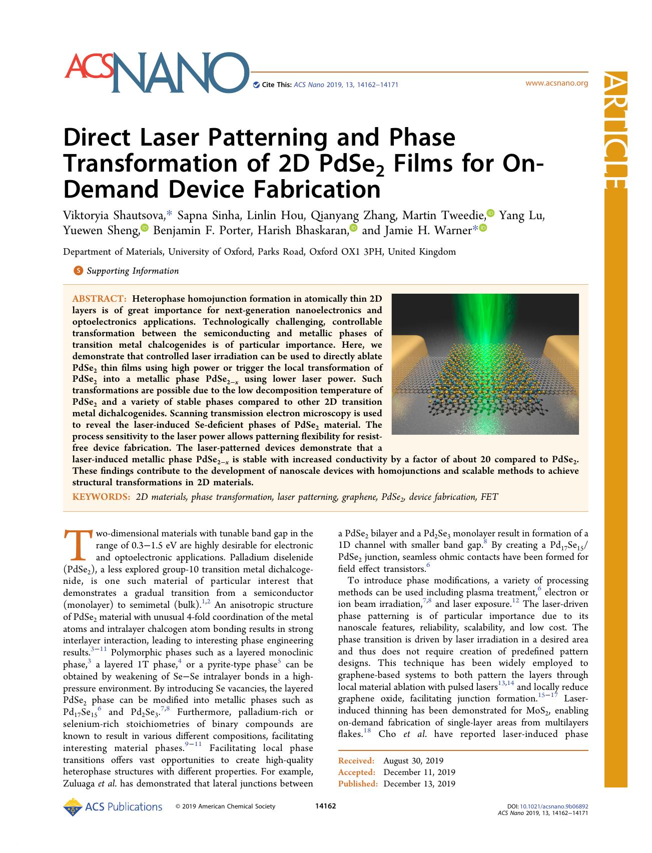 Direct Laser Patterning and Phase Transformation of 2D PdSe2 Films for On-Demand Device Fabrication by unknow