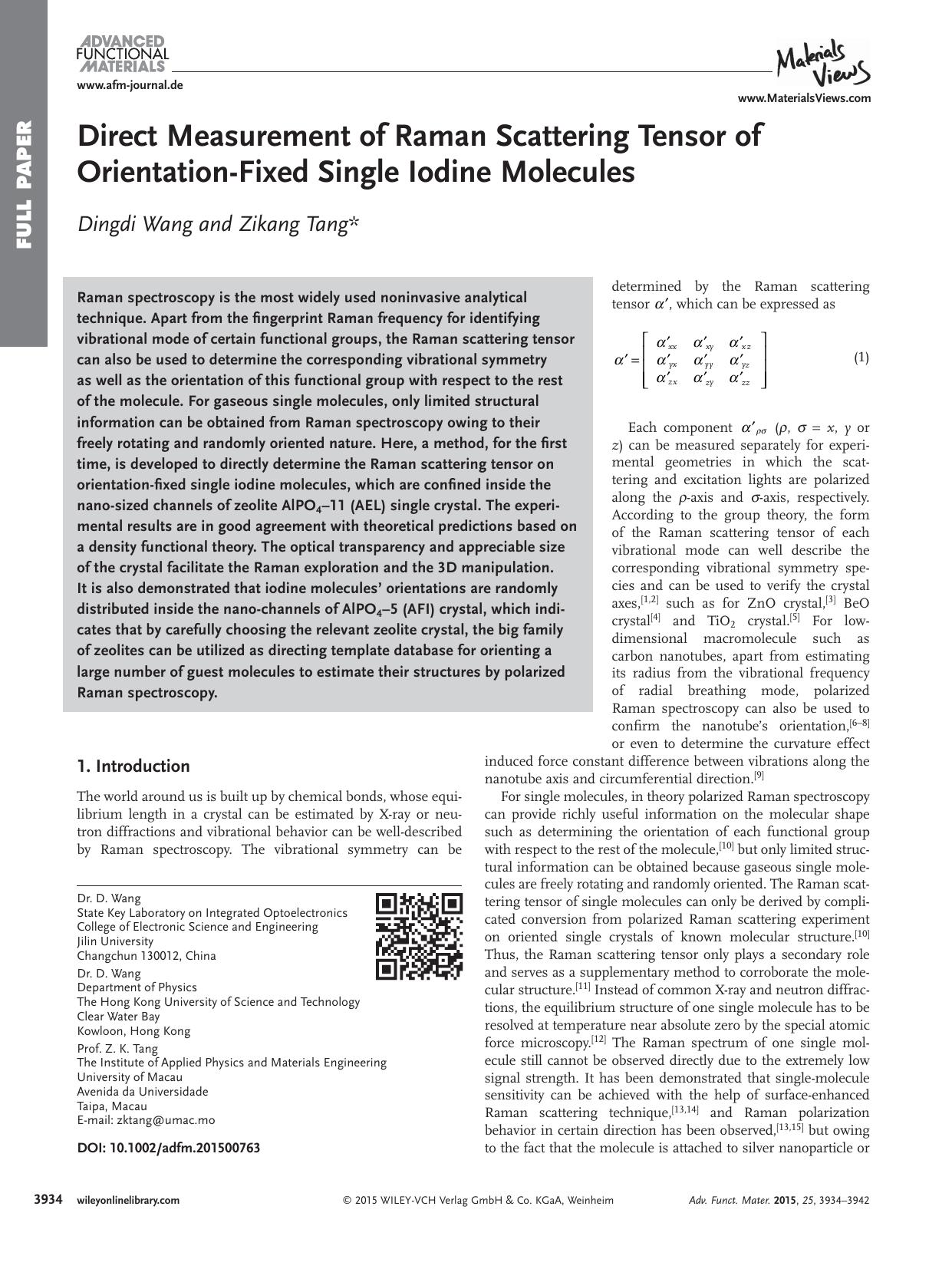 Direct Measurement of Raman Scattering Tensor of Orientation‐Fixed Single Iodine Molecules by Unknown