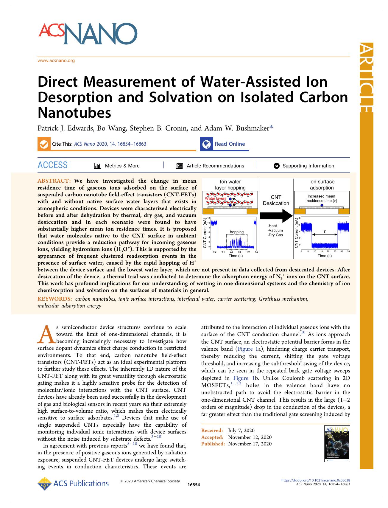 Direct Measurement of Water-Assisted Ion Desorption and Solvation on Isolated Carbon Nanotubes by Patrick J. Edwards Bo Wang Stephen B. Cronin and Adam W. Bushmaker