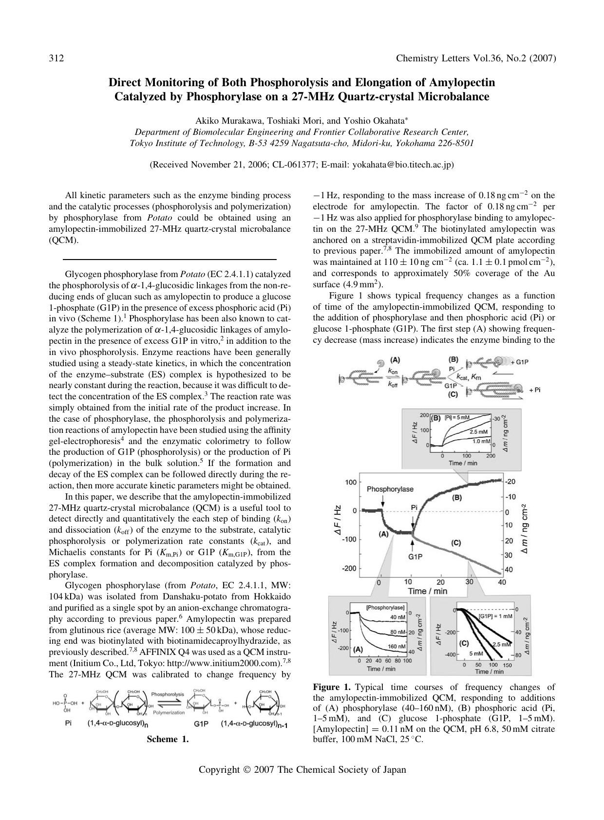 Direct Monitoring of Both Phosphorolysis and Elongation of Amylopectin Catalyzed by Phosphorylase on a 27-MHz Quartz-crystal Microbalance by Akiko Murakawa Toshiaki Mori and Yoshio Okahata