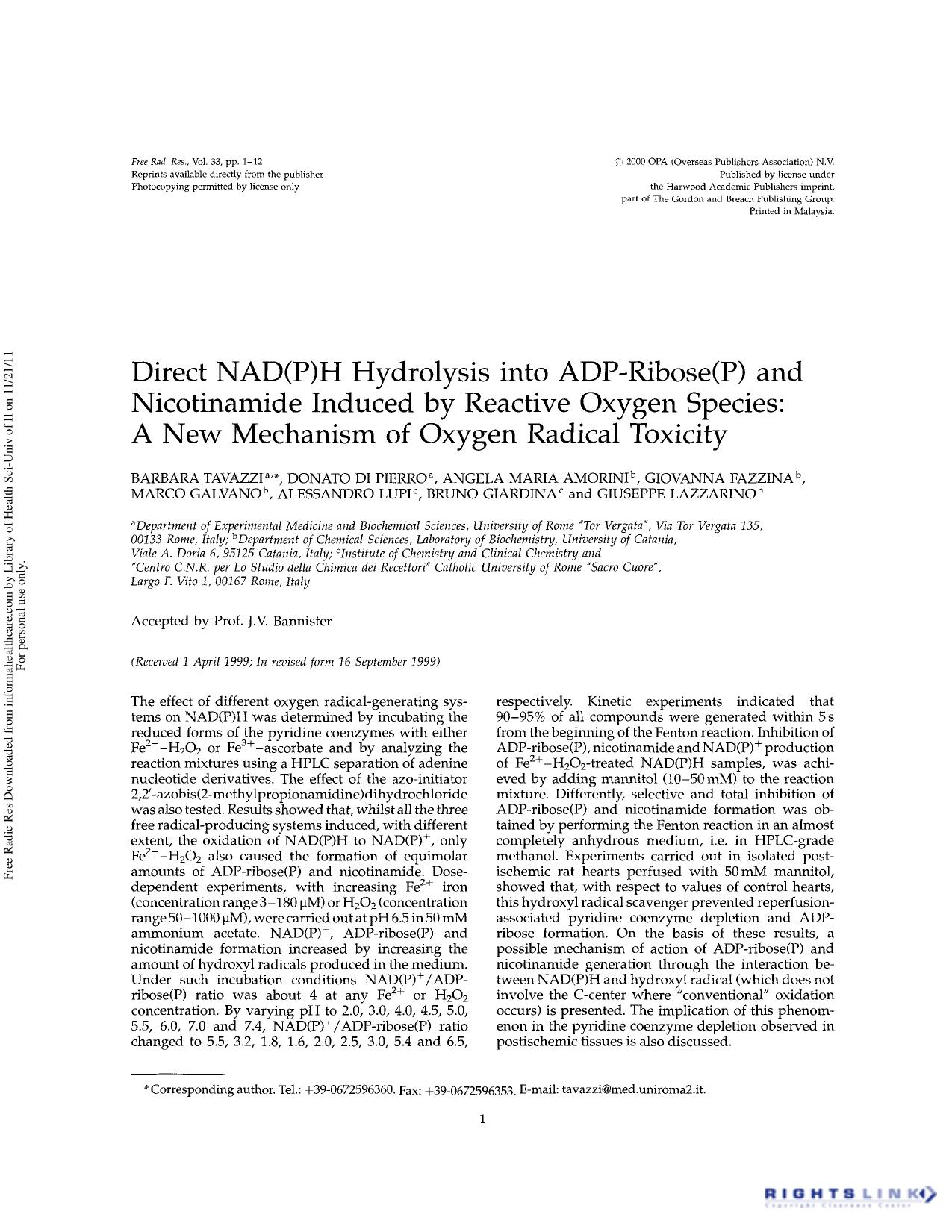 Direct NAD(P)H hydrolysis into ADP-ribose(P) and nicotinamide induced by reactive oxygen species: A new mechanism of oxygen radical toxicity by unknow