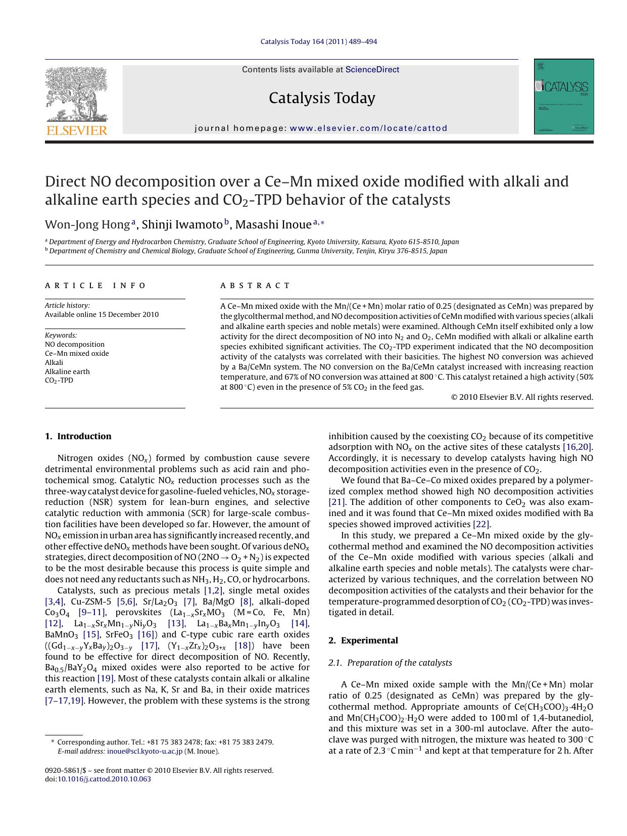 Direct NO decomposition over a CeÃ¢â¬âMn mixed oxide modified with alkali and alkaline earth species and CO2-TPD behavior of the catalysts by Won-Jong Hong
