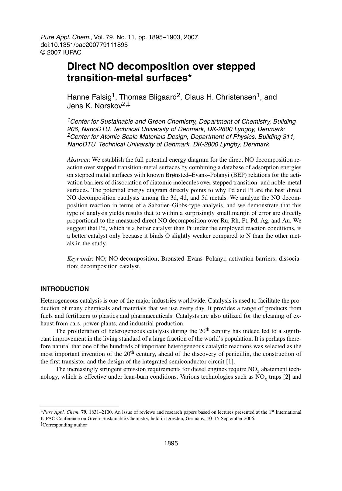 Direct NO decomposition over stepped transition-metal surfaces by Hanne Falsig Thomas Bligaard Claus H. Christensen & Jens K. NÃ¸rskov