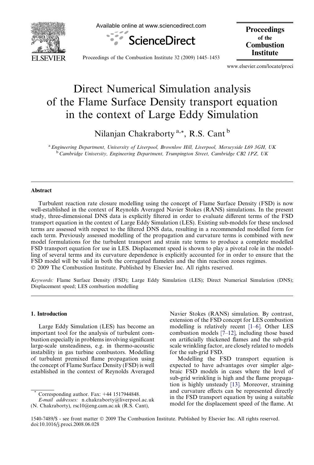 Direct Numerical Simulation analysis of the Flame Surface Density transport equation in the context of Large Eddy Simulation by Nilanjan Chakraborty; R.S. Cant