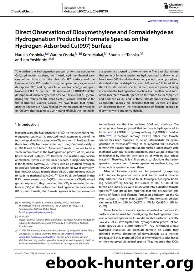 Direct Observation of Dioxymethylene and Formaldehyde as Hydrogenation Products of Formate Species on the Hydrogen‐Adsorbed Cu(997) Surface by Unknown