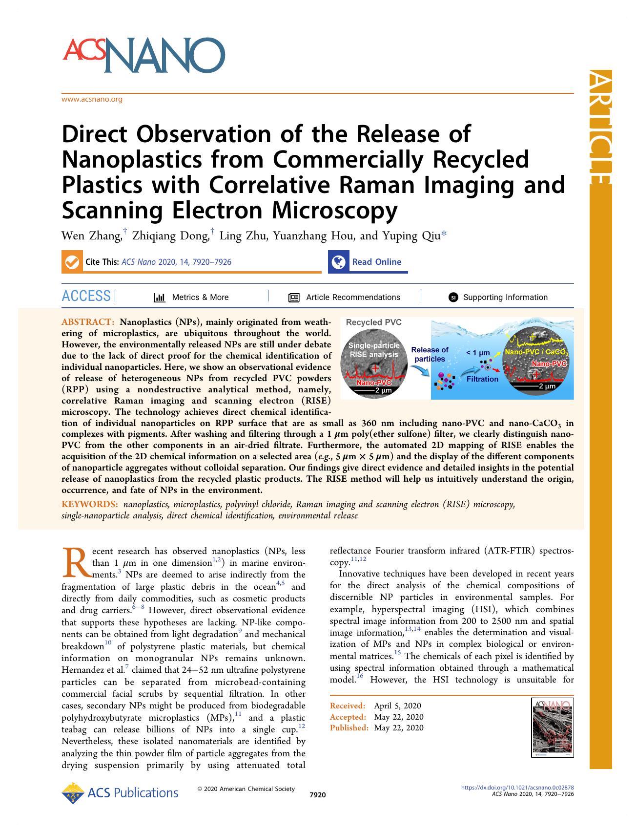 Direct Observation of the Release of Nanoplastics from Commercially Recycled Plastics with Correlative Raman Imaging and Scanning Electron Microscopy by Wen Zhang Zhiqiang Dong Ling Zhu Yuanzhang Hou and Yuping Qiu