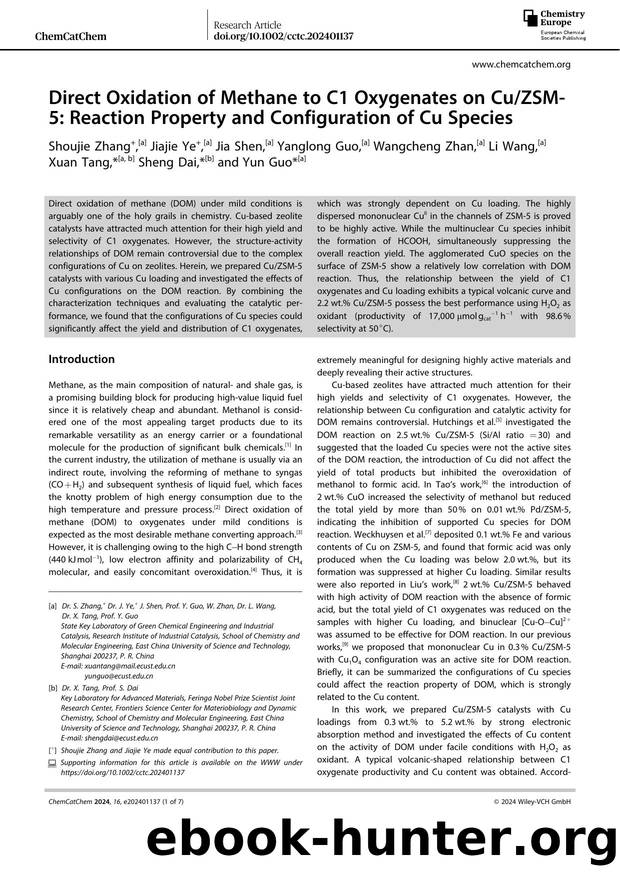 Direct Oxidation of Methane to C1 Oxygenates on CuZSMâ5: Reaction Property and Configuration of Cu Species by Unknown