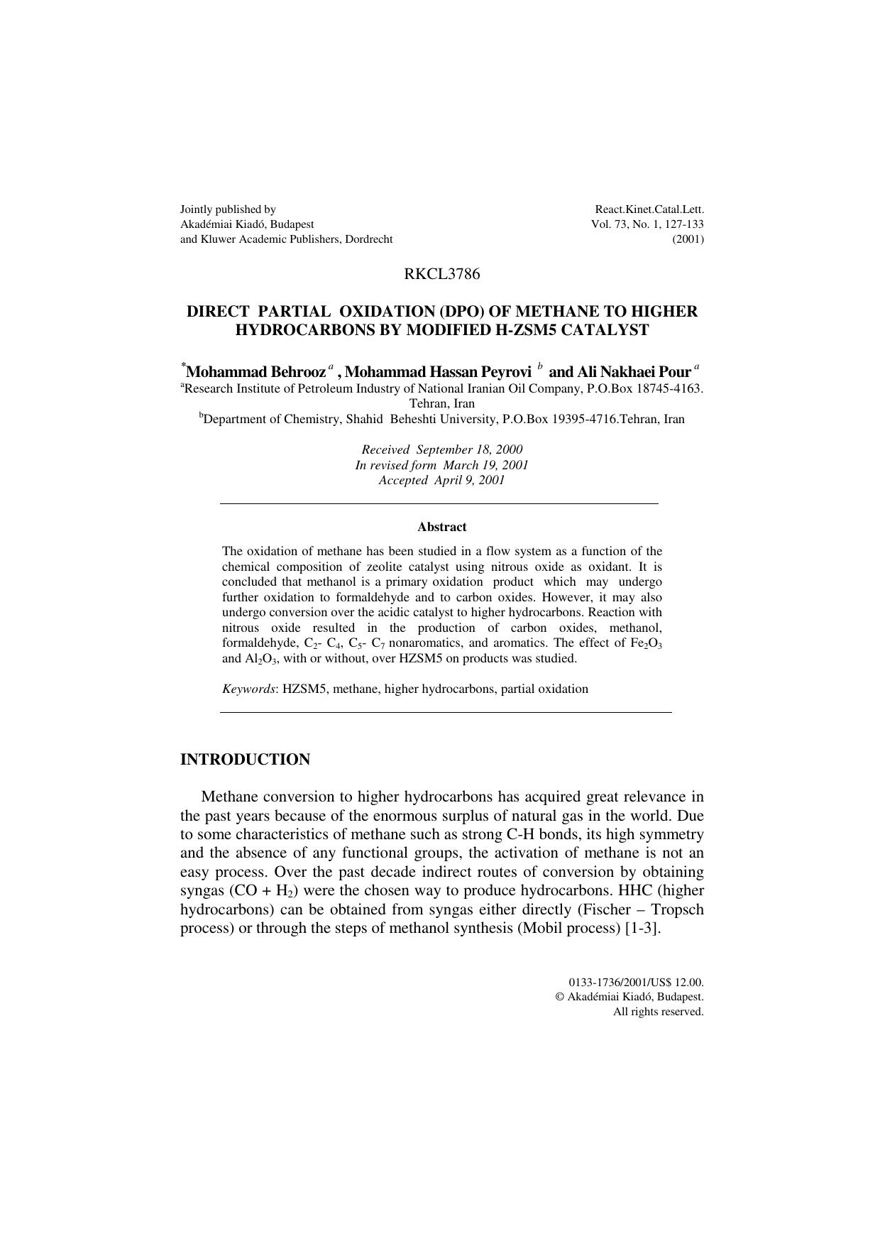 Direct Partial Oxidation (dpo) of Methane to Higher Hydrocarbons by Modified h-Zsm5 Catalyst by Unknown