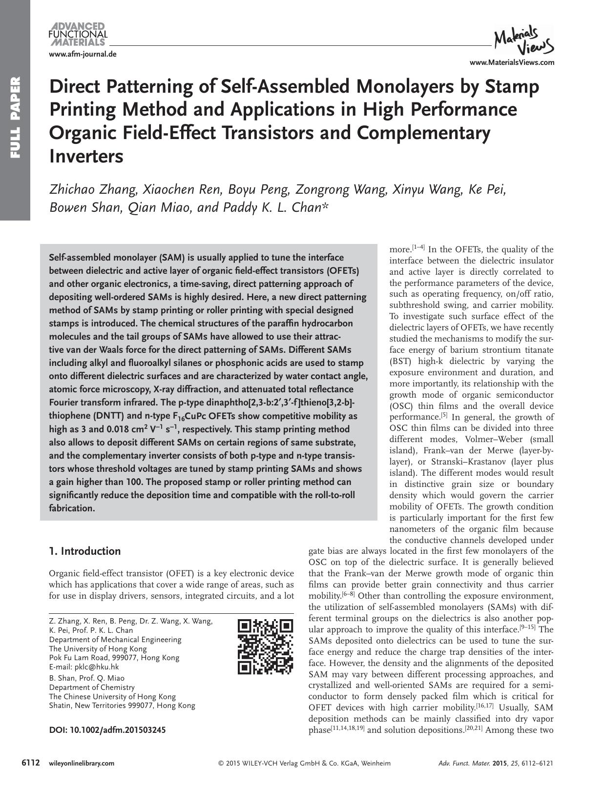 Direct Patterning of Self‐Assembled Monolayers by Stamp Printing Method and Applications in High Performance Organic Field‐Effect Transistors and Complementary Inverters by Unknown