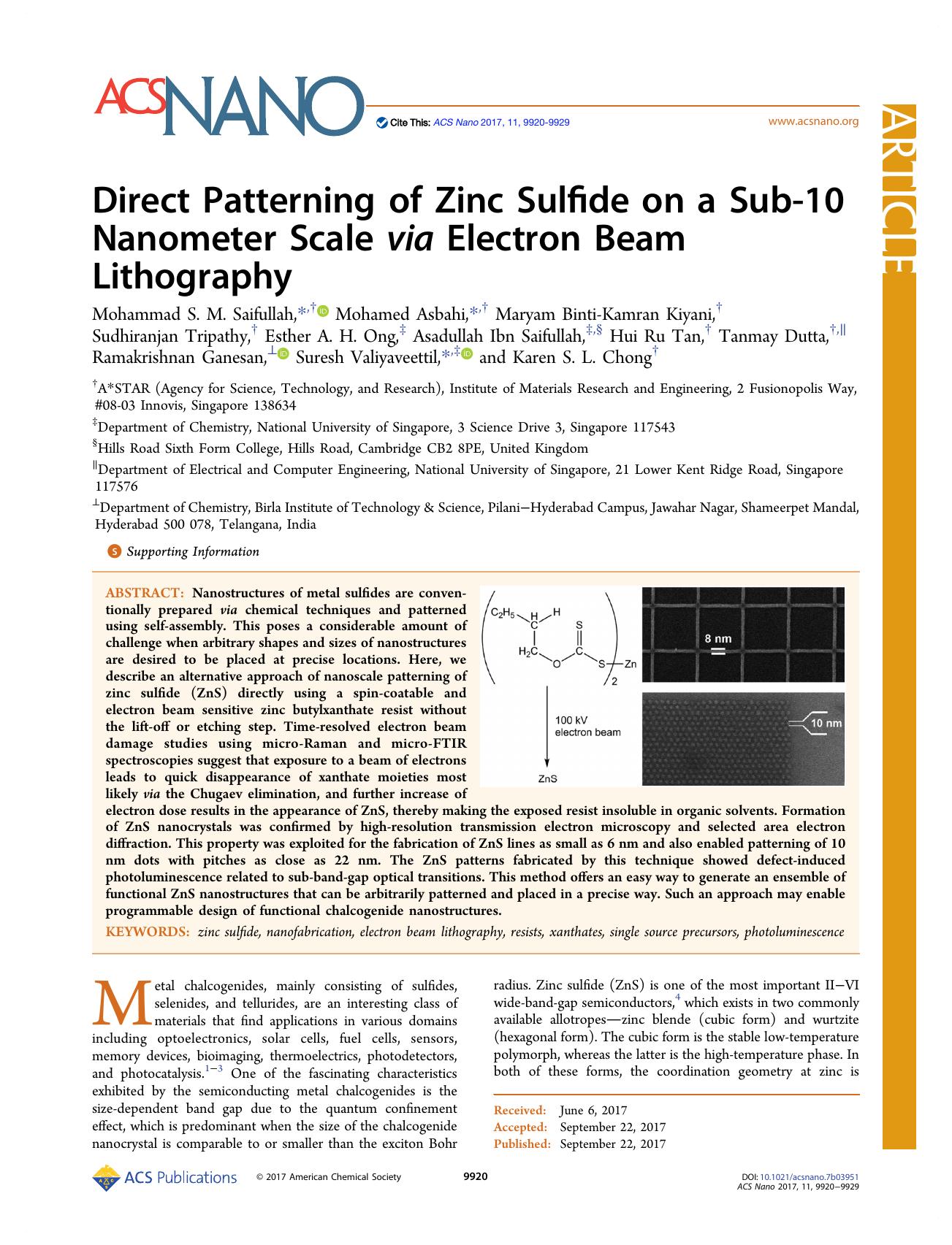 Direct Patterning of Zinc Sulfide on a Sub-10 Nanometer Scale via Electron Beam Lithography by unknow