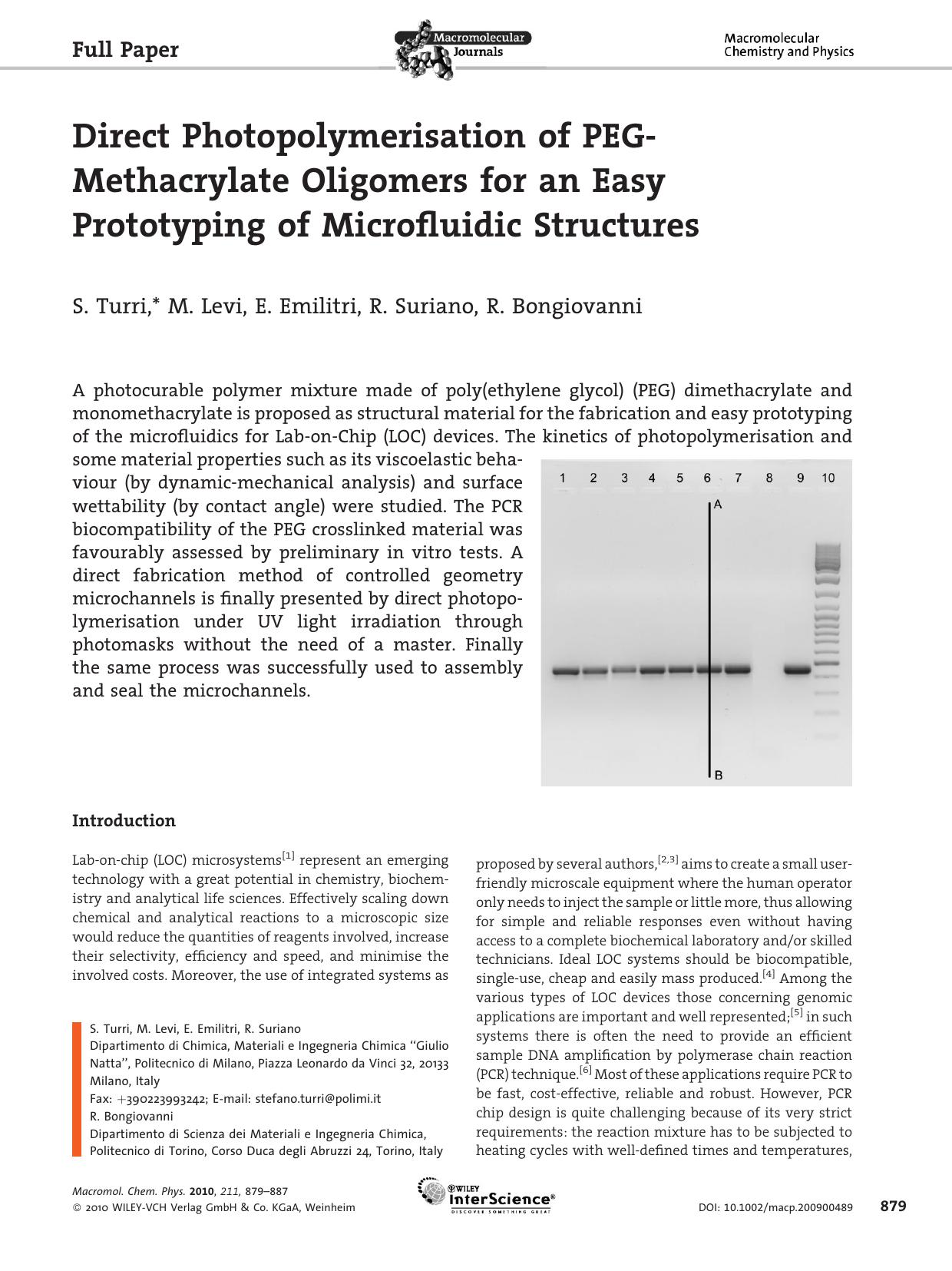 Direct Photopolymerisation of PEG?Methacrylate Oligomers for an Easy Prototyping of Microfluidic Structures by Unknown