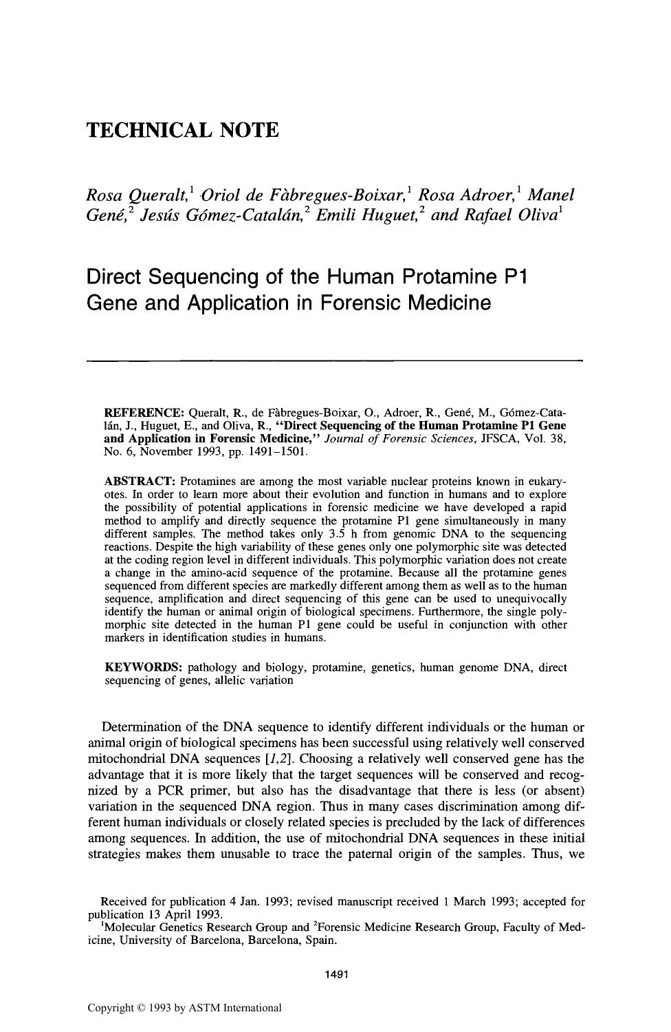 Direct Sequencing of the Human Protamine P1 Gene and Application in Forensic Medicine by unknow