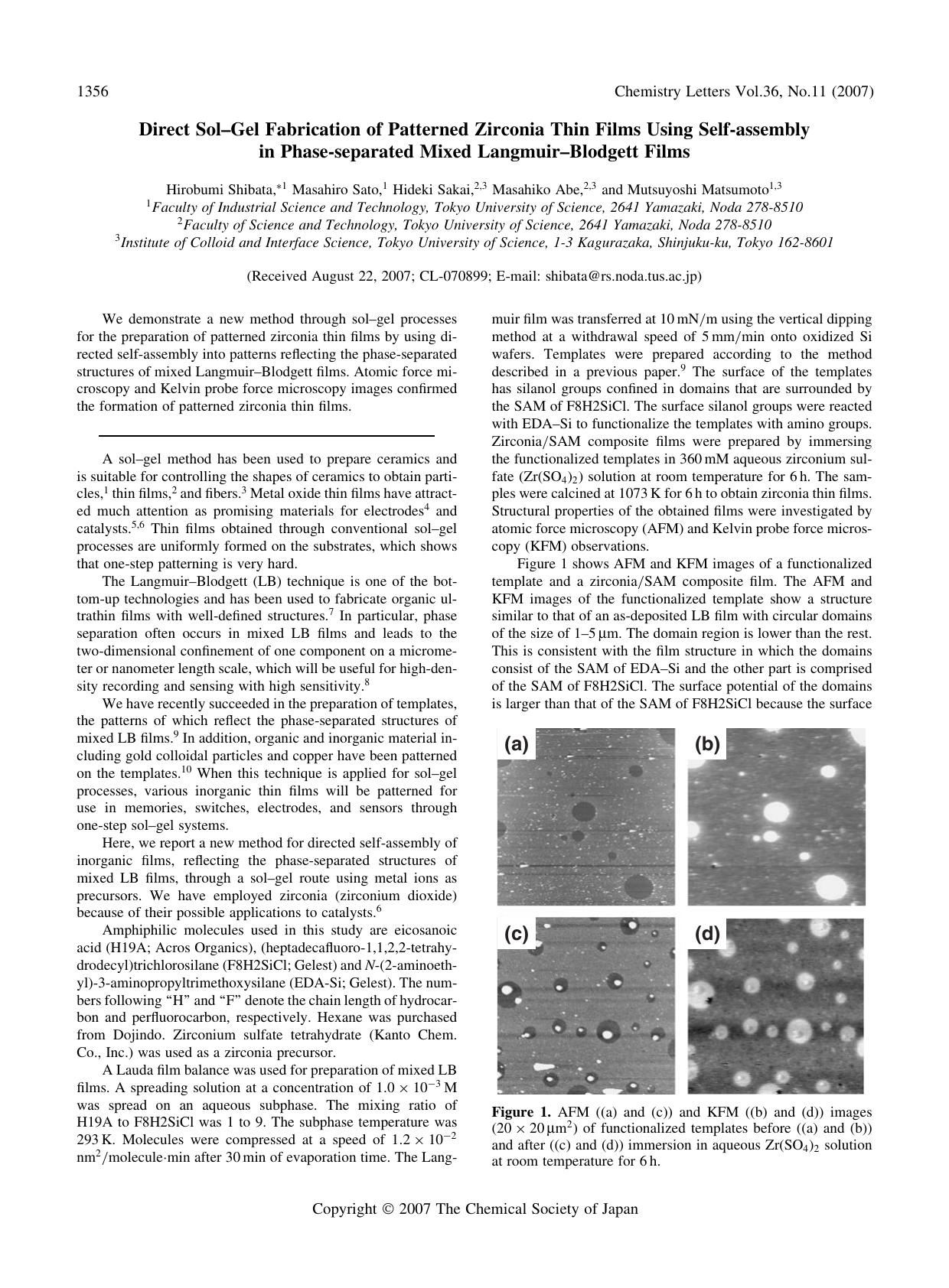 Direct Sol--Gel Fabrication of Patterned Zirconia Thin Films Using Self-assembly in Phase-separated Mixed Langmuir--Blodgett Films by Hirobumi Shibata Masahiro Sato Hideki Sakai Masahiko Abe and Mutsuyoshi Matsumoto