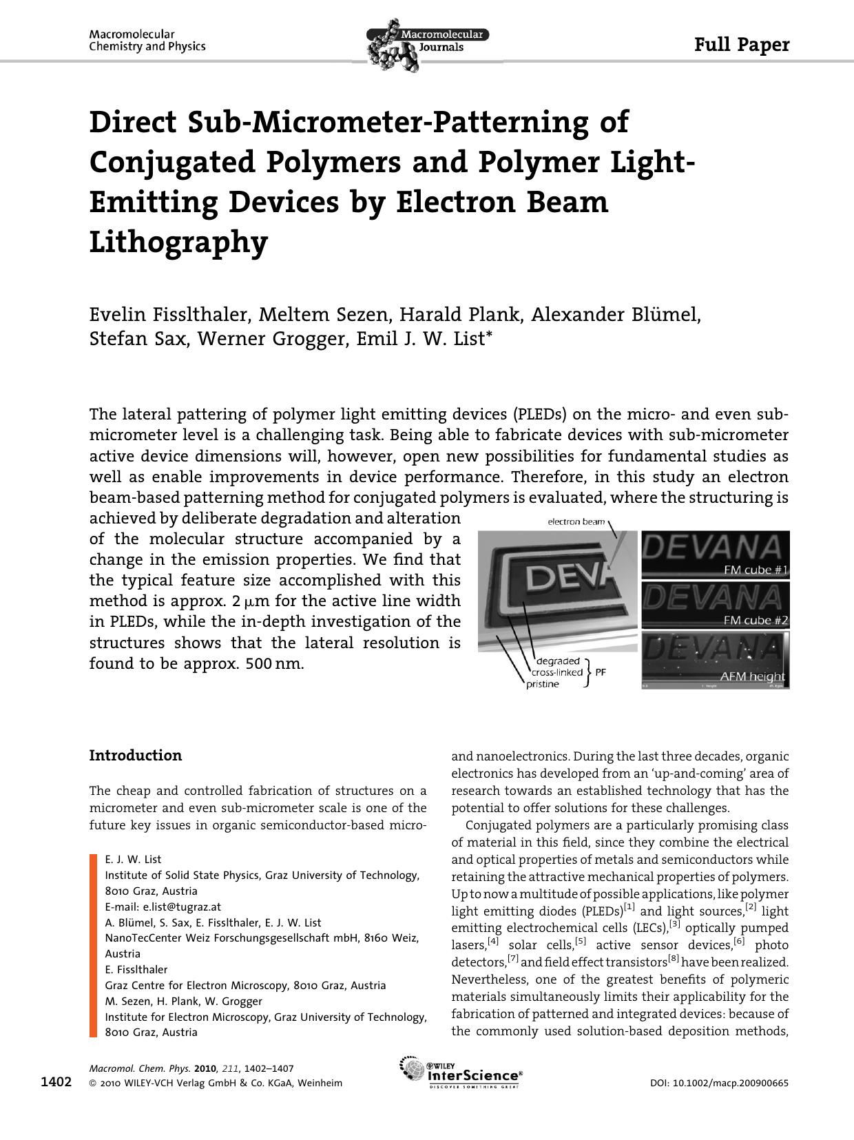 Direct Sub?Micrometer?Patterning of Conjugated Polymers and Polymer Light?Emitting Devices by Electron Beam Lithography by unknow