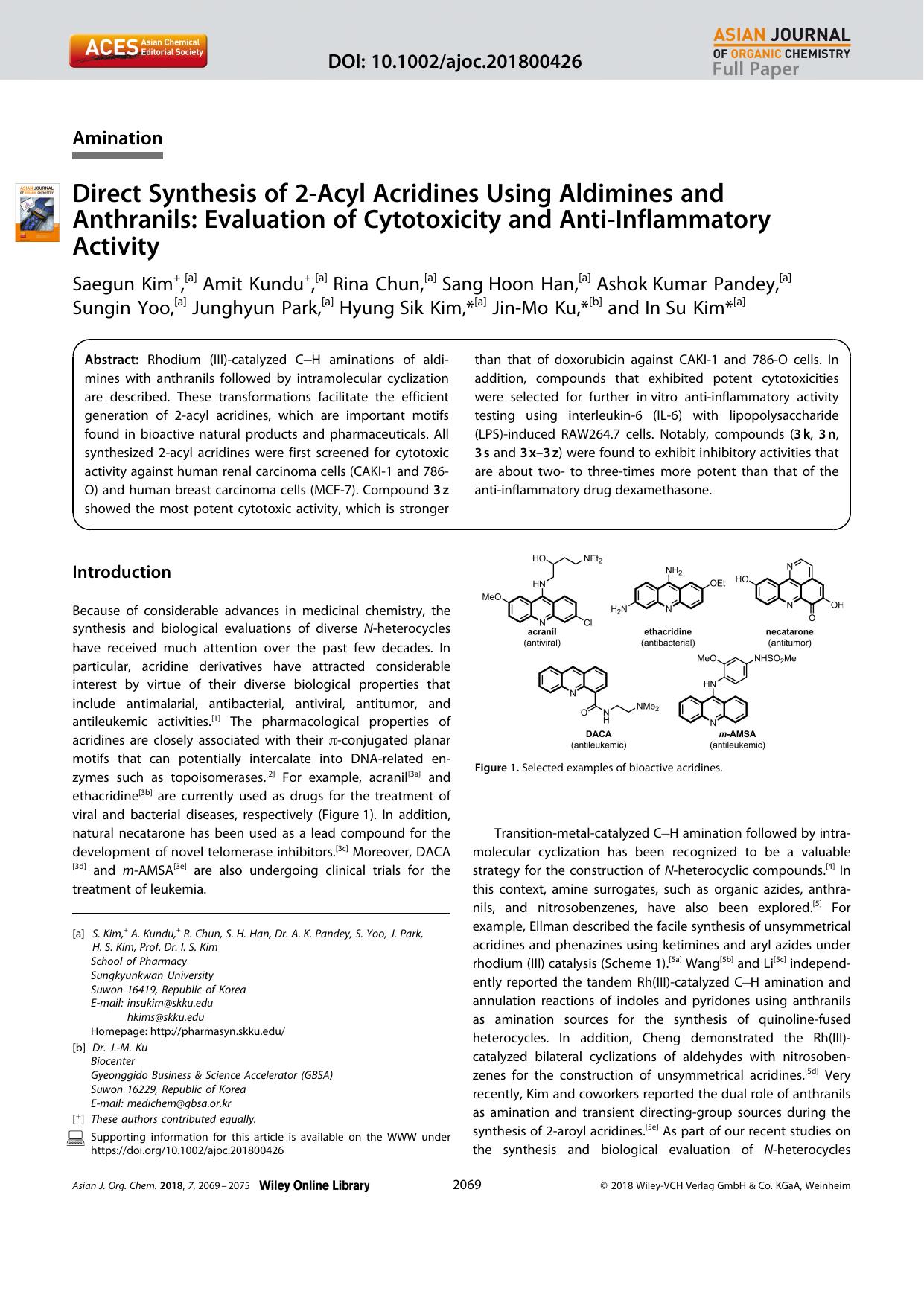 Direct Synthesis of 2âAcyl Acridines Using Aldimines and Anthranils: Evaluation of Cytotoxicity and AntiâInflammatory Activity by Unknown