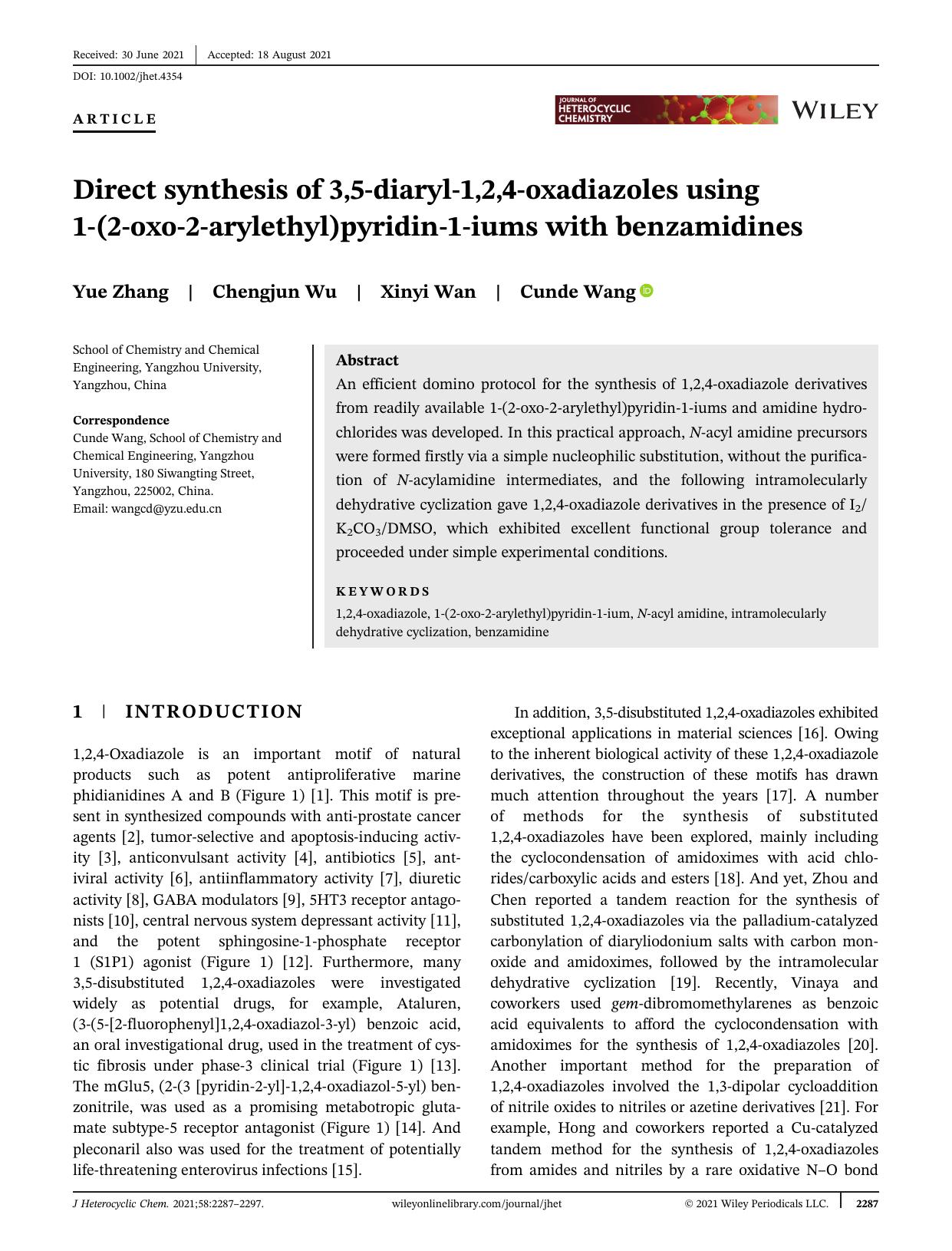 Direct Synthesis of 3,5-diaryl-1,2,4-Oxadiazoles using 1-(2-oxo-2-arylethyl)pyridin-1-iums with benzamidines by Unknown