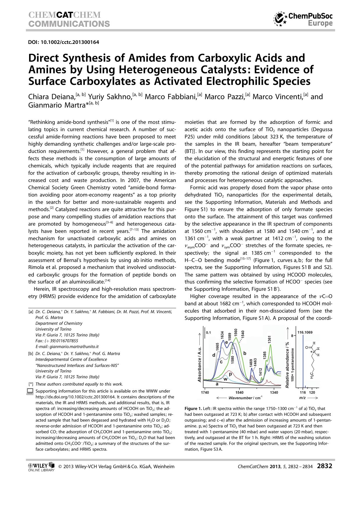 Direct Synthesis of Amides from Carboxylic Acids and Amines by Using Heterogeneous Catalysts: Evidence of Surface Carboxylates as Activated Electrophilic Species by Unknown