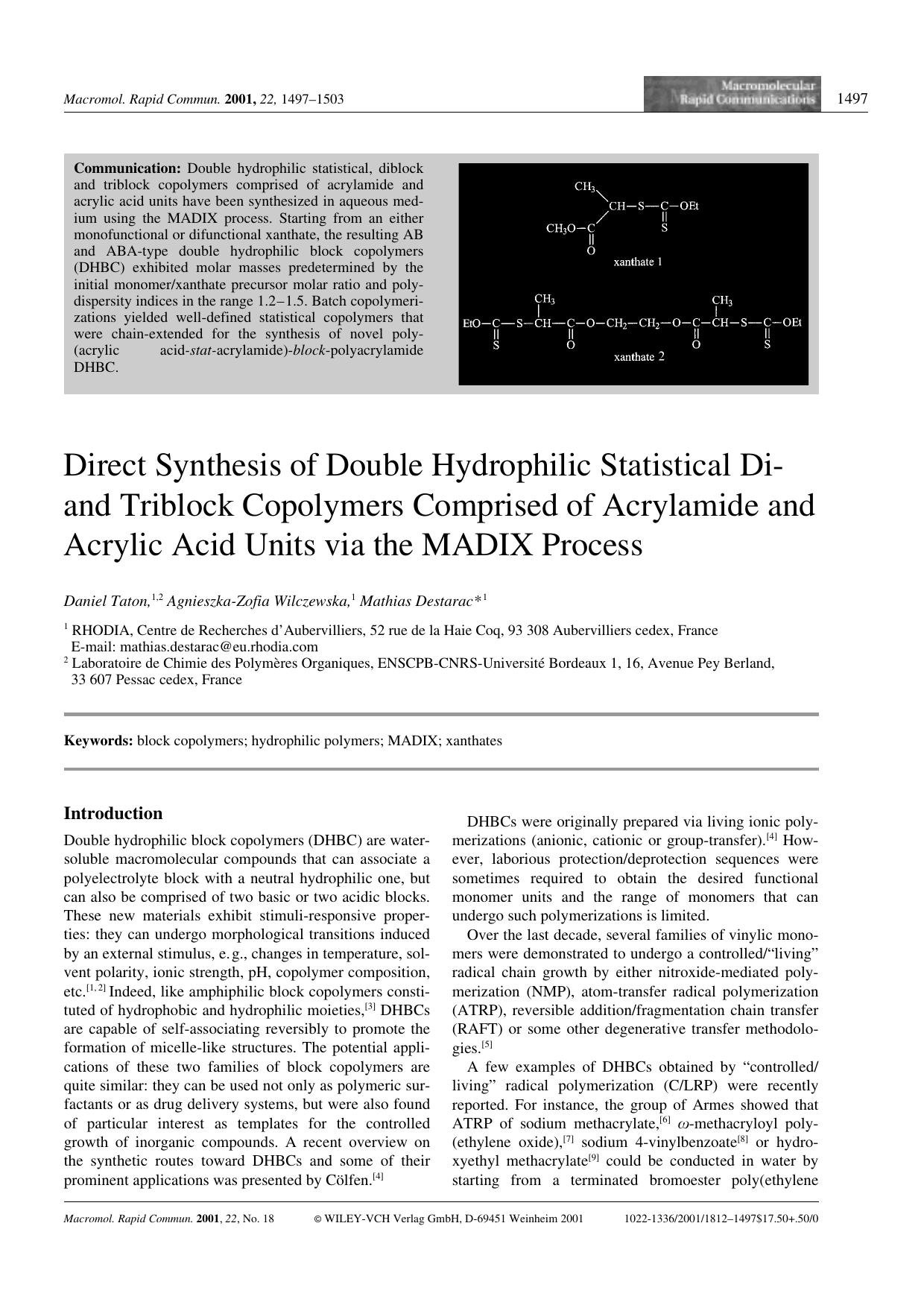 Direct Synthesis of Double Hydrophilic Statistical Di- and Triblock Copolymers Comprised of Acrylamide and Acrylic Acid Units via the MADIX Process by Unknown
