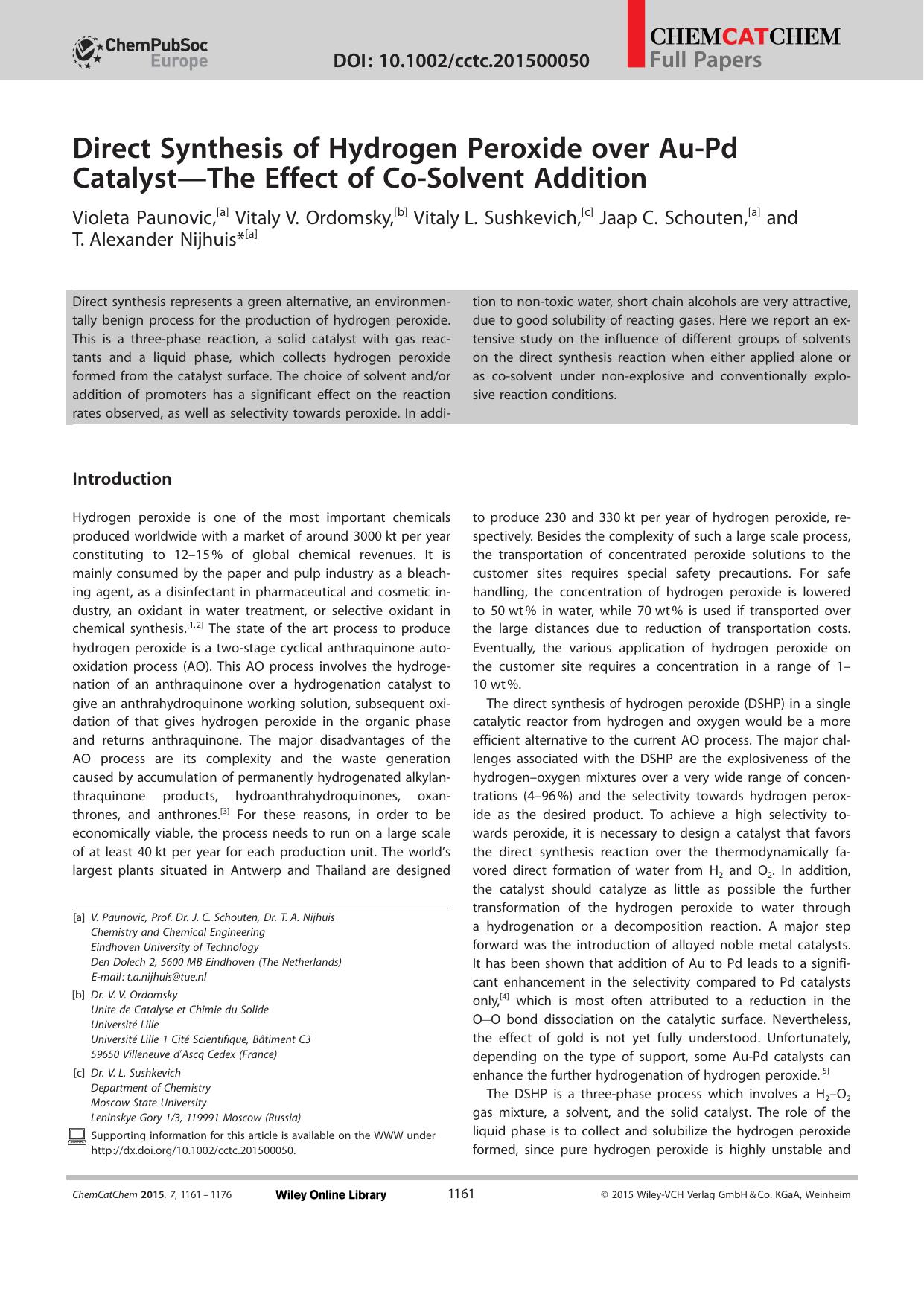 Direct Synthesis of Hydrogen Peroxide over AuPd CatalystThe Effect of CoSolvent Addition by Unknown