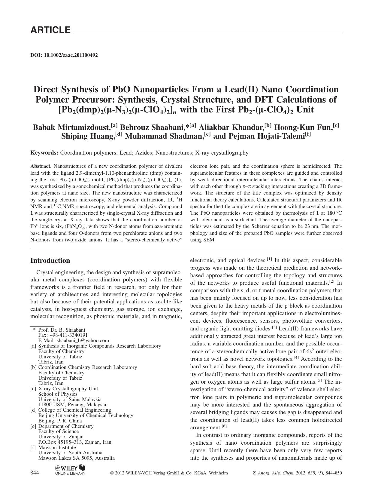 Direct Synthesis of PbO Nanoparticles From a Lead(II) Nano Coordination Polymer Precursor: Synthesis, Crystal Structure, and DFT Calculations of [Pb2(dmp)2(N3)2(ClO4)2]n with the First Pb2(ClO4)2 Unit by Unknown