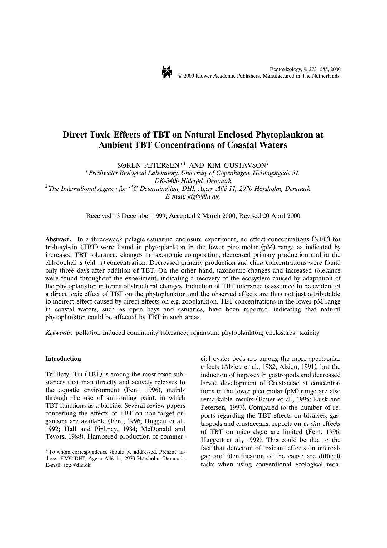 Direct Toxic Effects of TBT on Natural Enclosed Phytoplankton at Ambient TBT Concentrations of Coastal Waters by Unknown