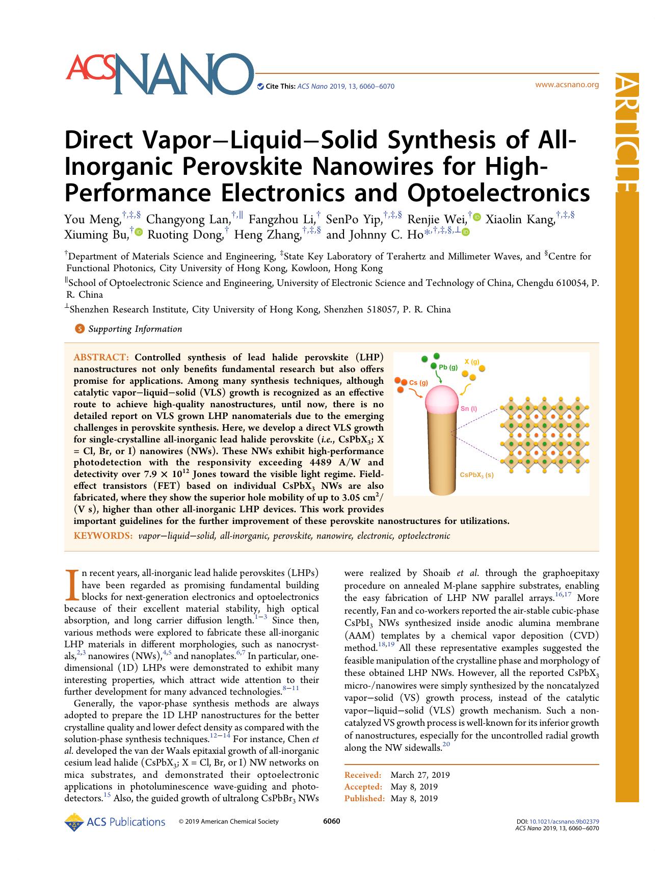 Direct VaporâLiquidâSolid Synthesis of All-Inorganic Perovskite Nanowires for High-Performance Electronics and Optoelectronics by unknow