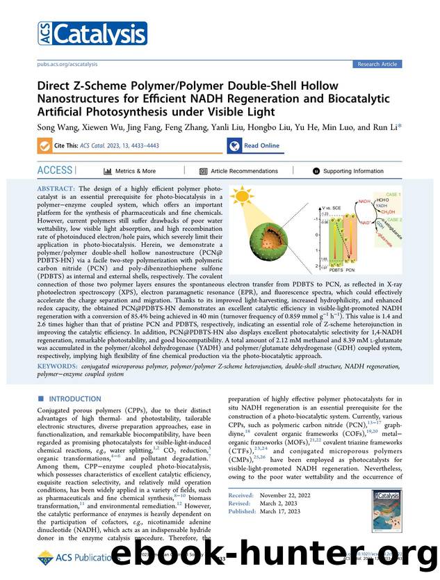 Direct Z-Scheme PolymerPolymer Double-Shell Hollow Nanostructures for Efficient NADH Regeneration and Biocatalytic Artificial Photosynthesis under Visible Light by Song Wang Xiewen Wu Jing Fang Feng Zhang Yanli Liu Hongbo Liu Yu He Min Luo and Run Li
