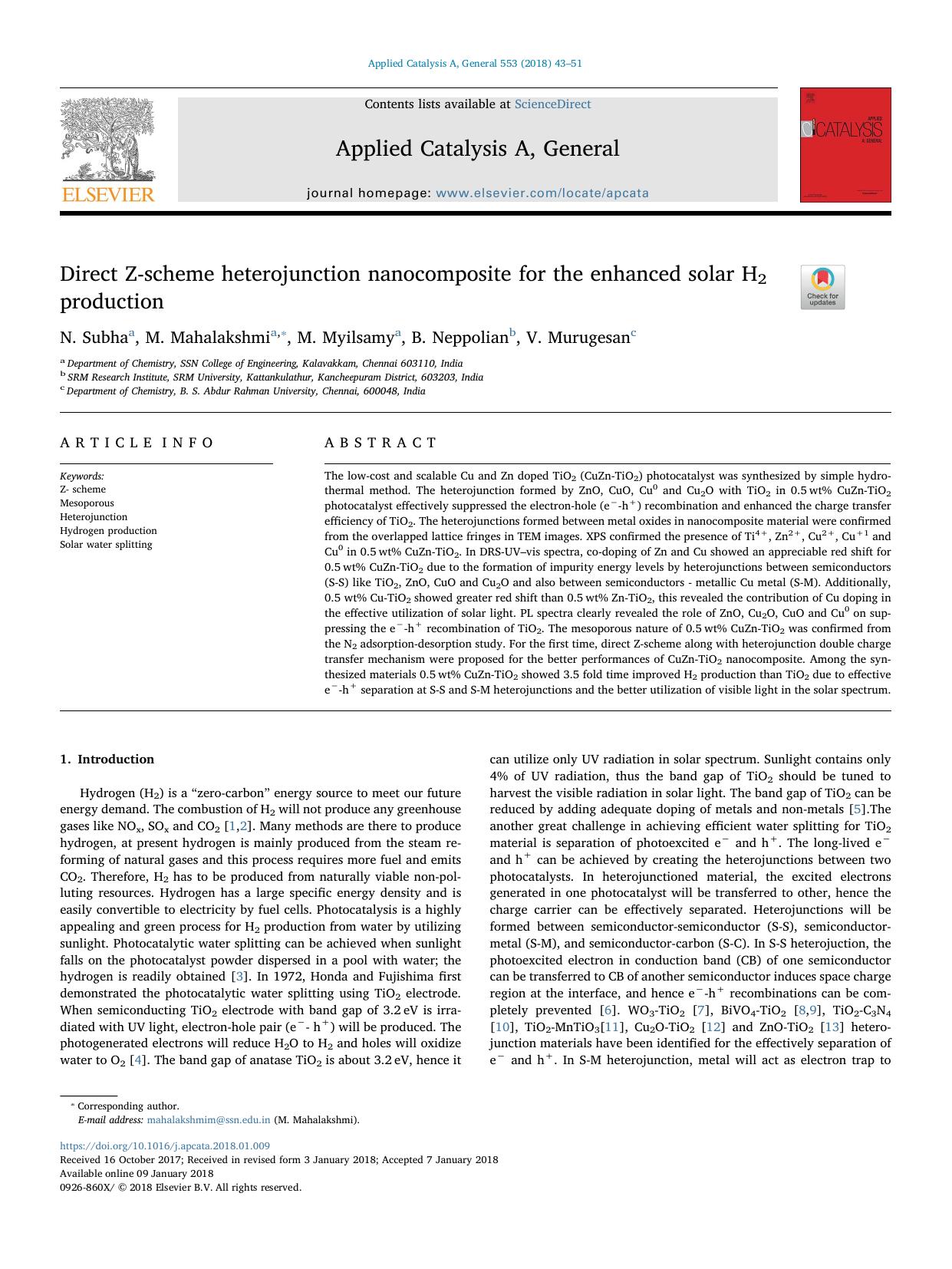 Direct Z-scheme heterojunction nanocomposite for the enhanced solar H2 production by N. Subha & M. Mahalakshmi & M. Myilsamy & B. Neppolian & V. Murugesan