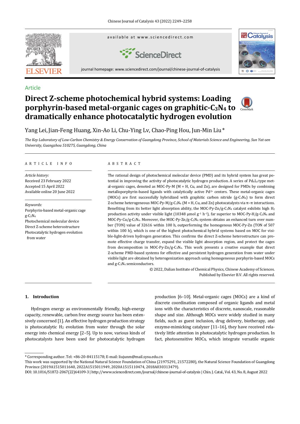 Direct Z-scheme photochemical hybrid systems: Loading porphyrin-based metal-organic cages on graphitic-C3N4 to dramatically enhance photocatalytic hydrogen evolution by Yang Lei & Jian-Feng Huang & Xin-Ao Li & Chu-Ying Lv & Chao-Ping Hou & Jun-Min Liu