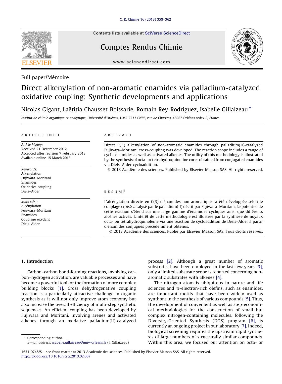 Direct alkenylation of non-aromatic enamides via palladium-catalyzed oxidative coupling: Synthetic developments and applications by Nicolas Gigant