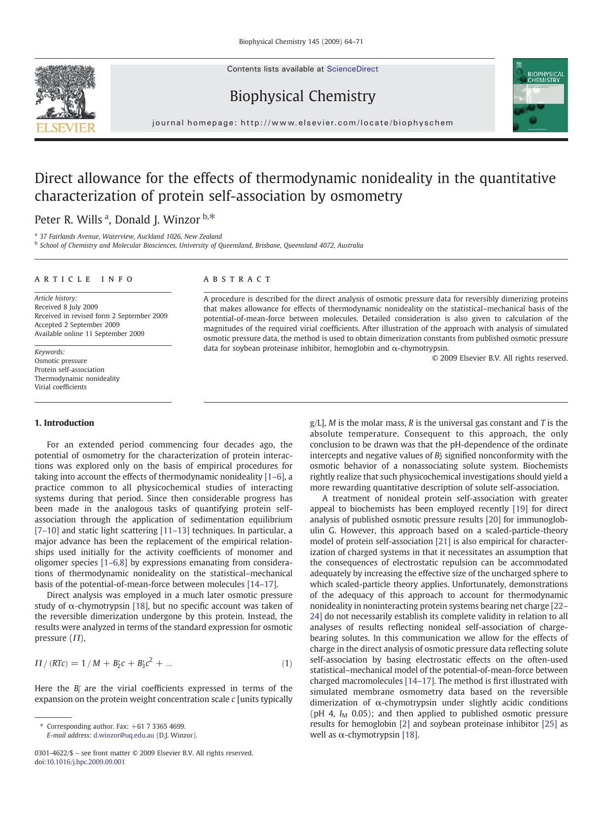 Direct allowance for the effects of thermodynamic nonideality in the quantitative characterization of protein self-association by osmometry by Peter R. Wills; Donald J. Winzor