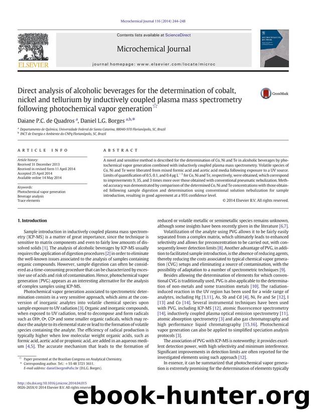 Direct analysis of alcoholic beverages for the determination of cobalt, nickel and tellurium by inductively coupled plasma mass spectrometry following photochemical vapor generation by Daiane P.C. de Quadros & Daniel L.G. Borges