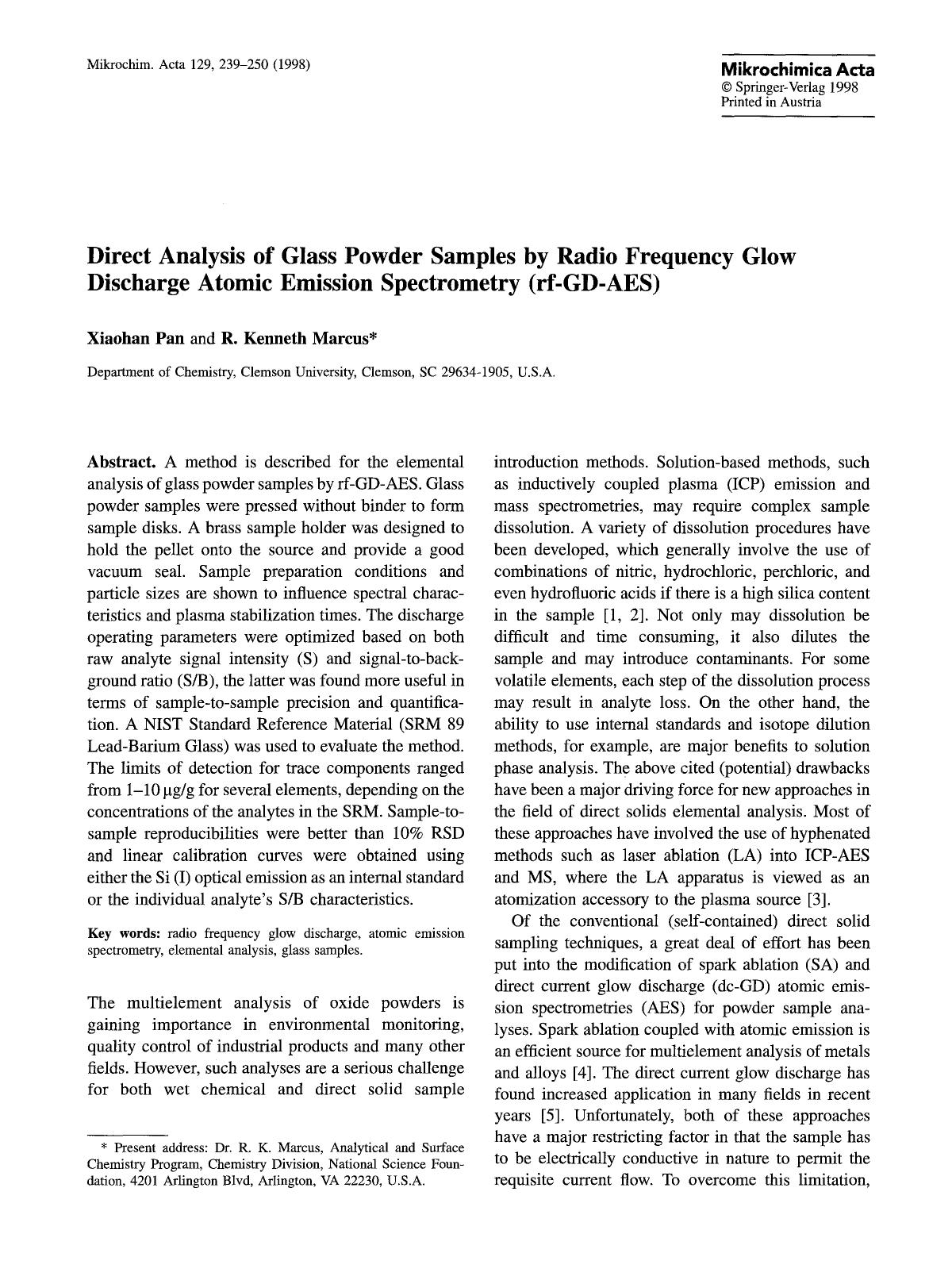 Direct analysis of glass powder samples by radio frequency glow discharge atomic emission spectrometry (rf-GD-AES) by Unknown