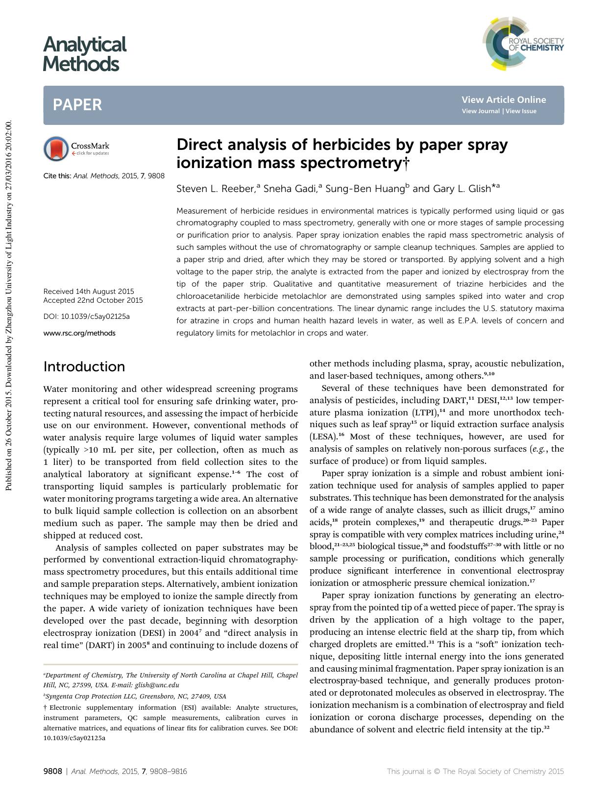 Direct analysis of herbicides by paper spray ionization mass spectrometry by Steven L. Reeber & Sneha Gadi & Sung-Ben Huang & Gary L. Glish