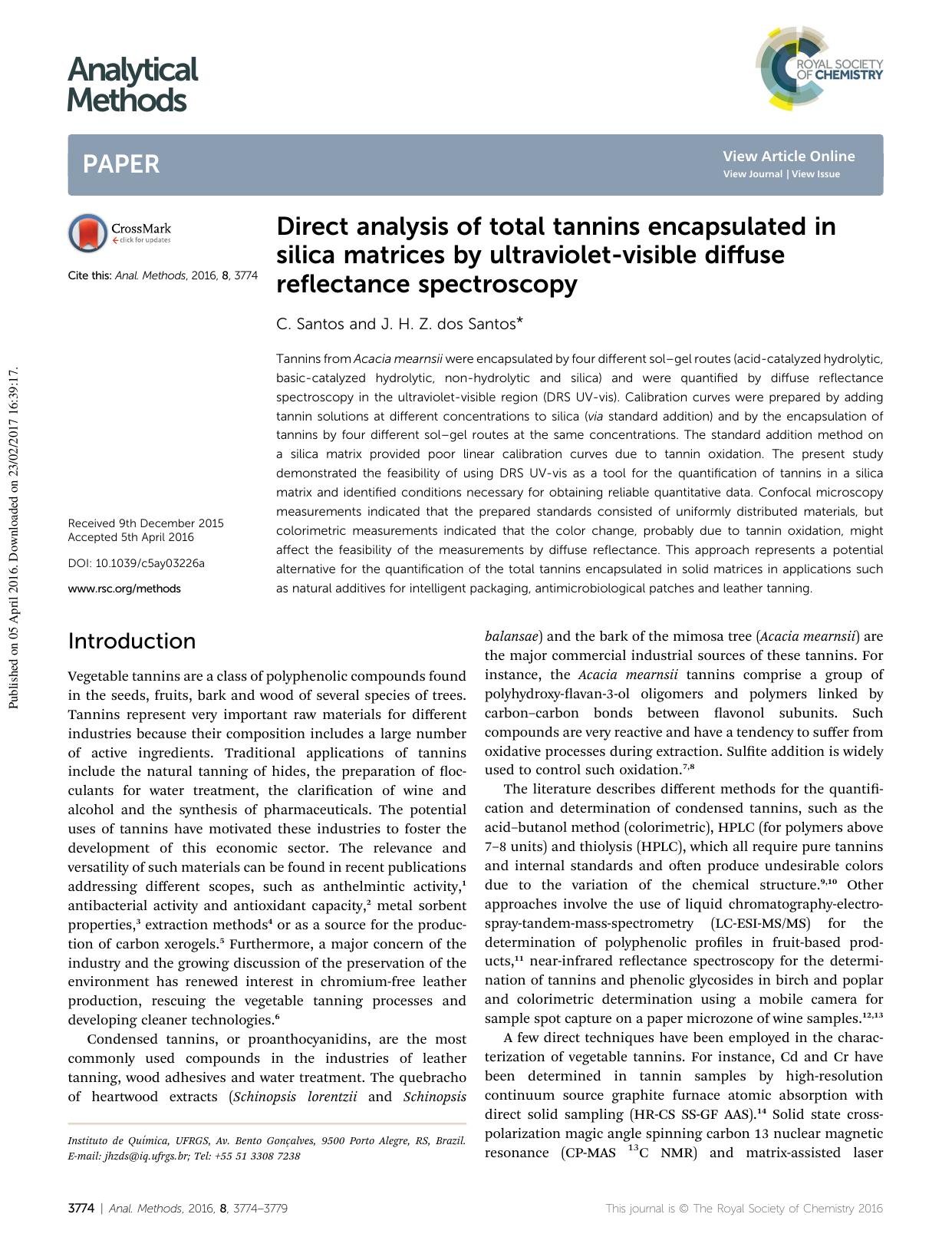 Direct analysis of total tannins encapsulated in silica matrices by ultraviolet-visible diffuse reflectance spectroscopy by C. Santos & J. H. Z. dos Santos