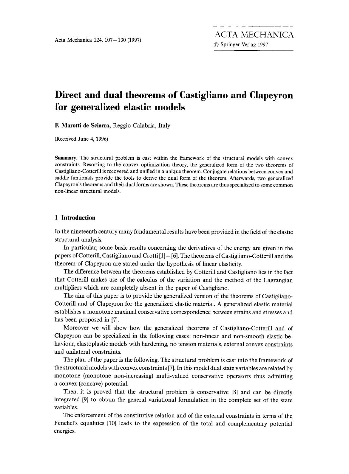 Direct and dual theorems of castigliano and clapeyron for generalized elastic models by Unknown