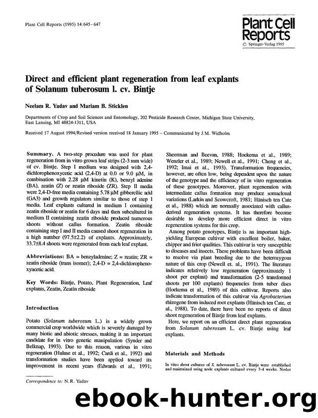 Direct and efficient plant regeneration from leaf explants of Solanum tuberosum l. cv. Bintje by Unknown
