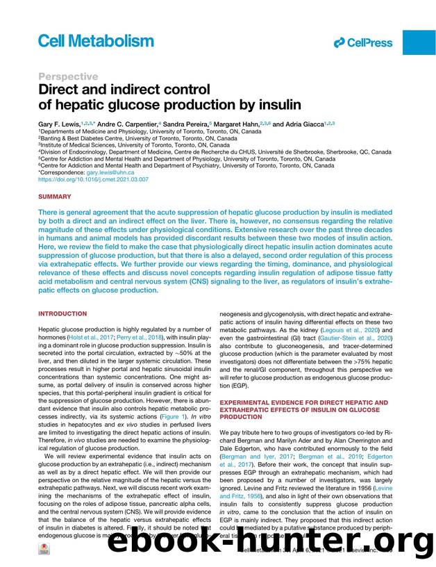 Direct and indirect control of hepatic glucose production by insulin by Gary F. Lewis & Andre C. Carpentier & Sandra Pereira & Margaret Hahn & Adria Giacca