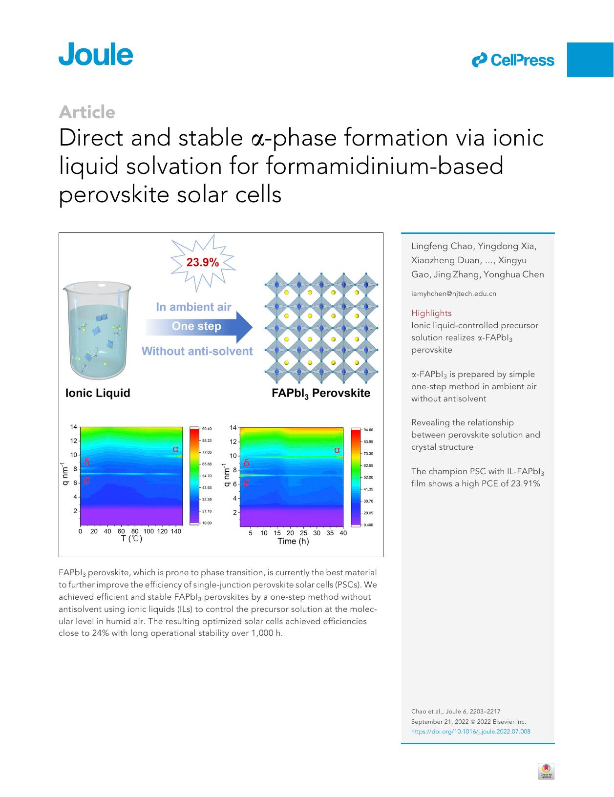 Direct and stable &alpha;-phase formation via ionic liquid solvation for formamidinium-based perovskite solar cells by unknow
