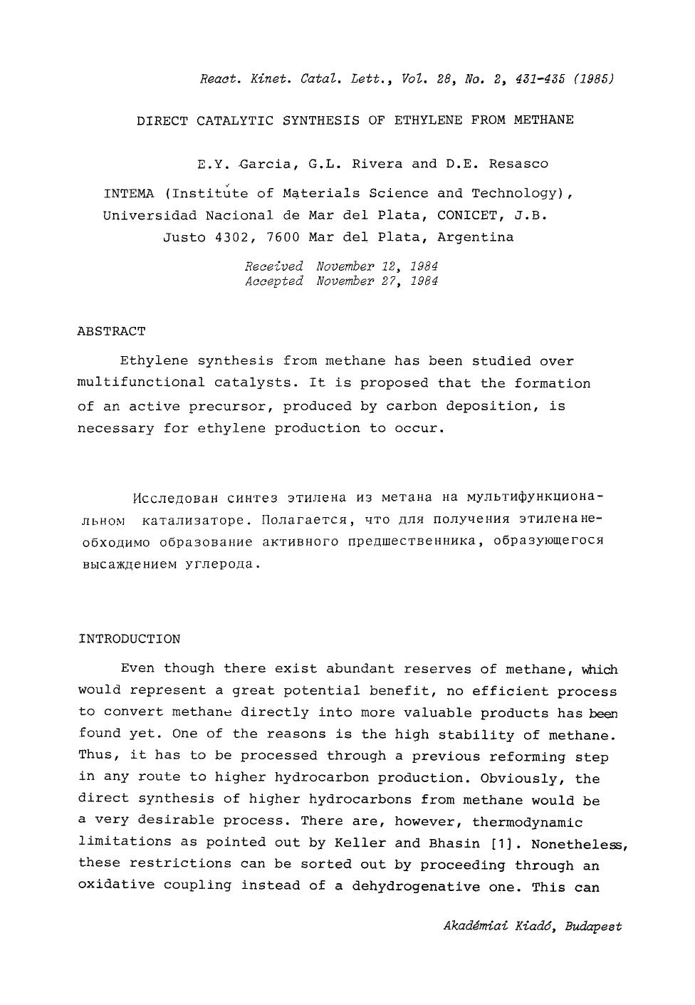 Direct catalytic synthesis of ethylene from methane by Unknown