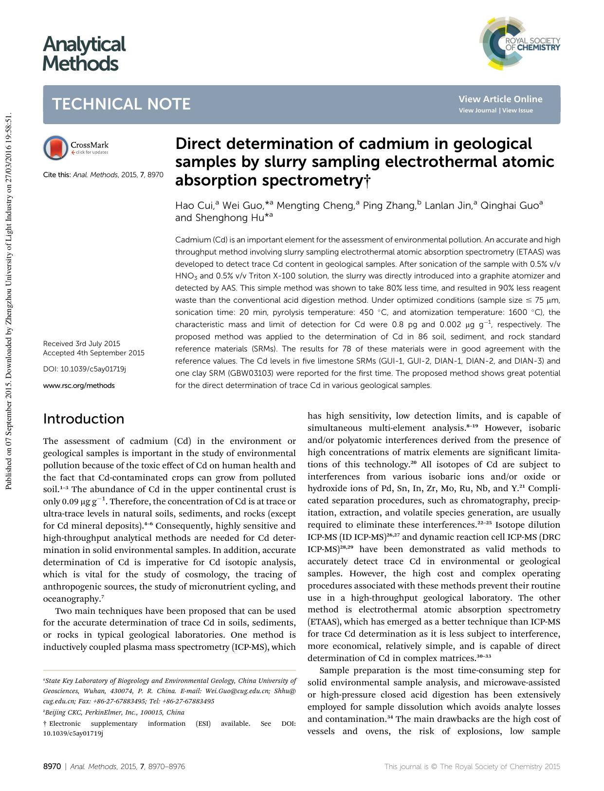 Direct determination of cadmium in geological samples by slurry sampling electrothermal atomic absorption spectrometry by Hao Cui & Wei Guo & Mengting Cheng & Ping Zhang & Lanlan Jin & Qinghai Guo & Shenghong Hu