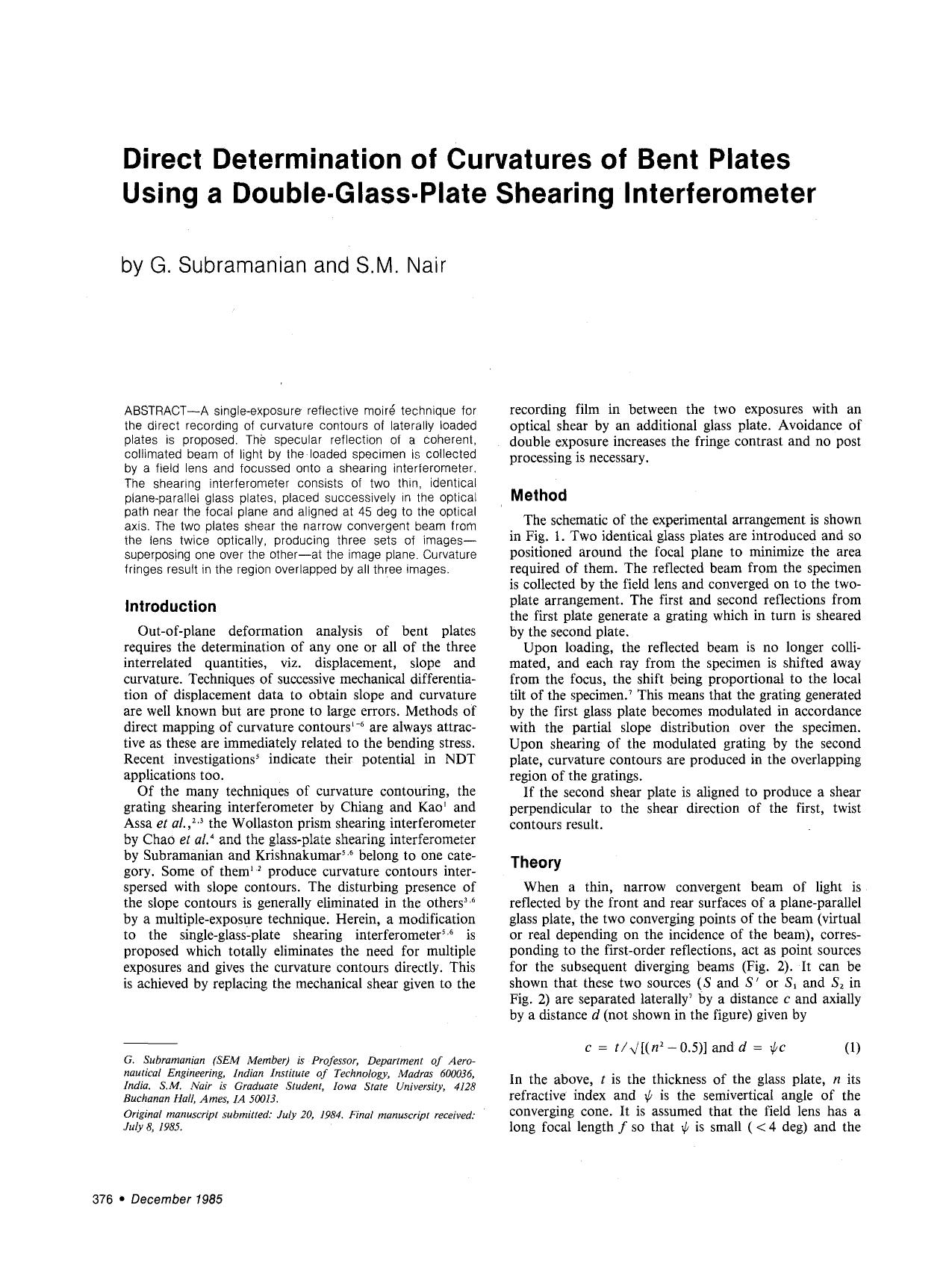 Direct determination of curvatures of bent plates using a double-glass-plate shearing interferometer by Unknown