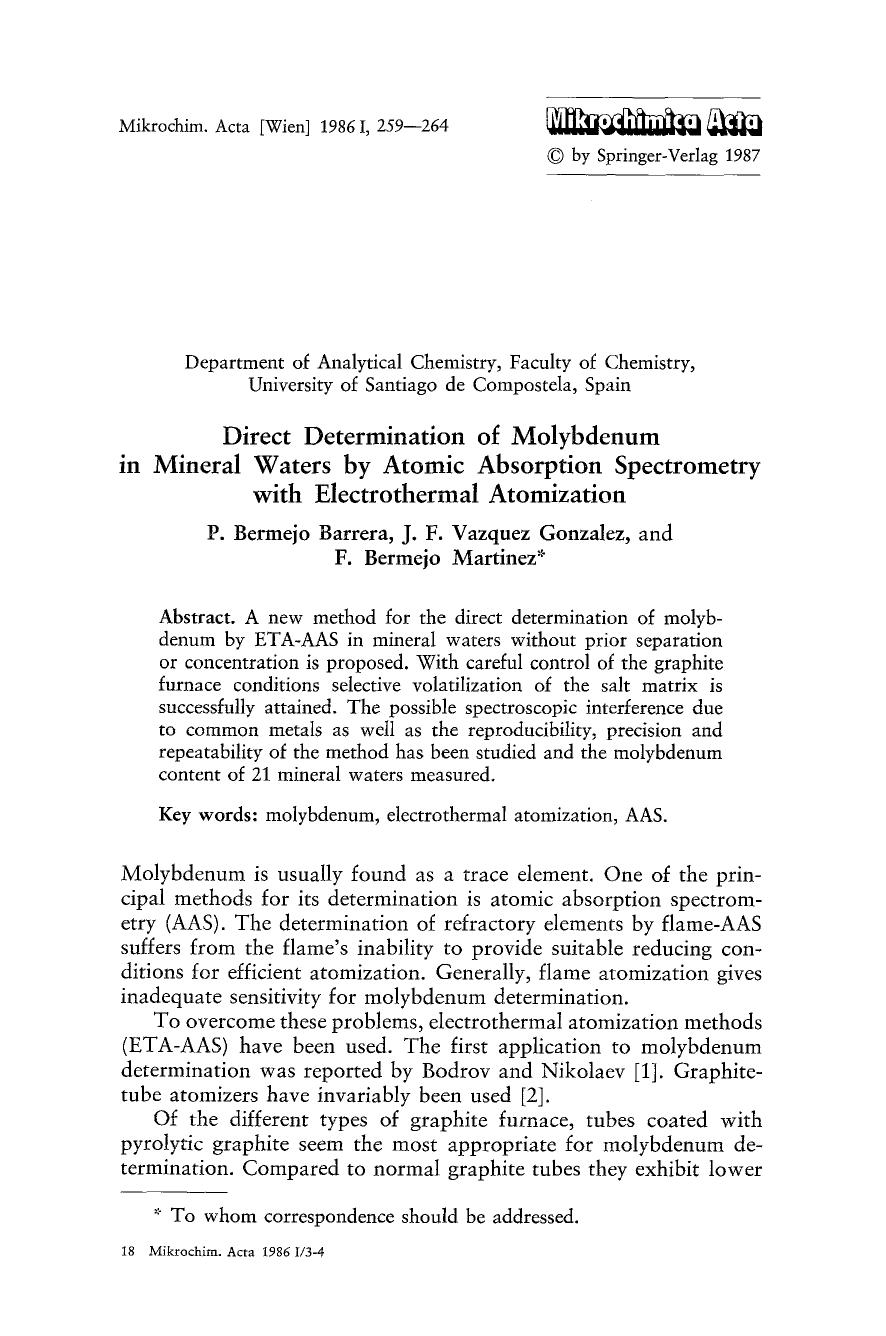 Direct determination of molybdenum in mineral waters by atomic absorption spectrometry with electrothermal atomization by Unknown