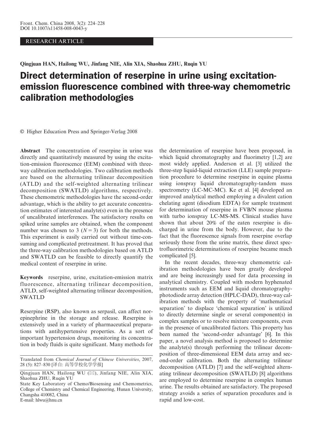 Direct determination of reserpine in urine using excitation-emission fluorescence combined with three-way chemometric calibration methodologies by Unknown
