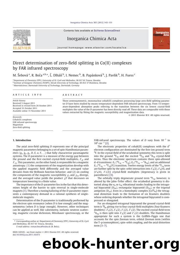 Direct determination of zero-field splitting in Co(II) complexes by FAR infrared spectroscopy by M. Å ebovÃ¡ & R. Boča & Ľ. Dlháň & I. Nemec & B. Papánková & J. Pavlik & H. Fuess