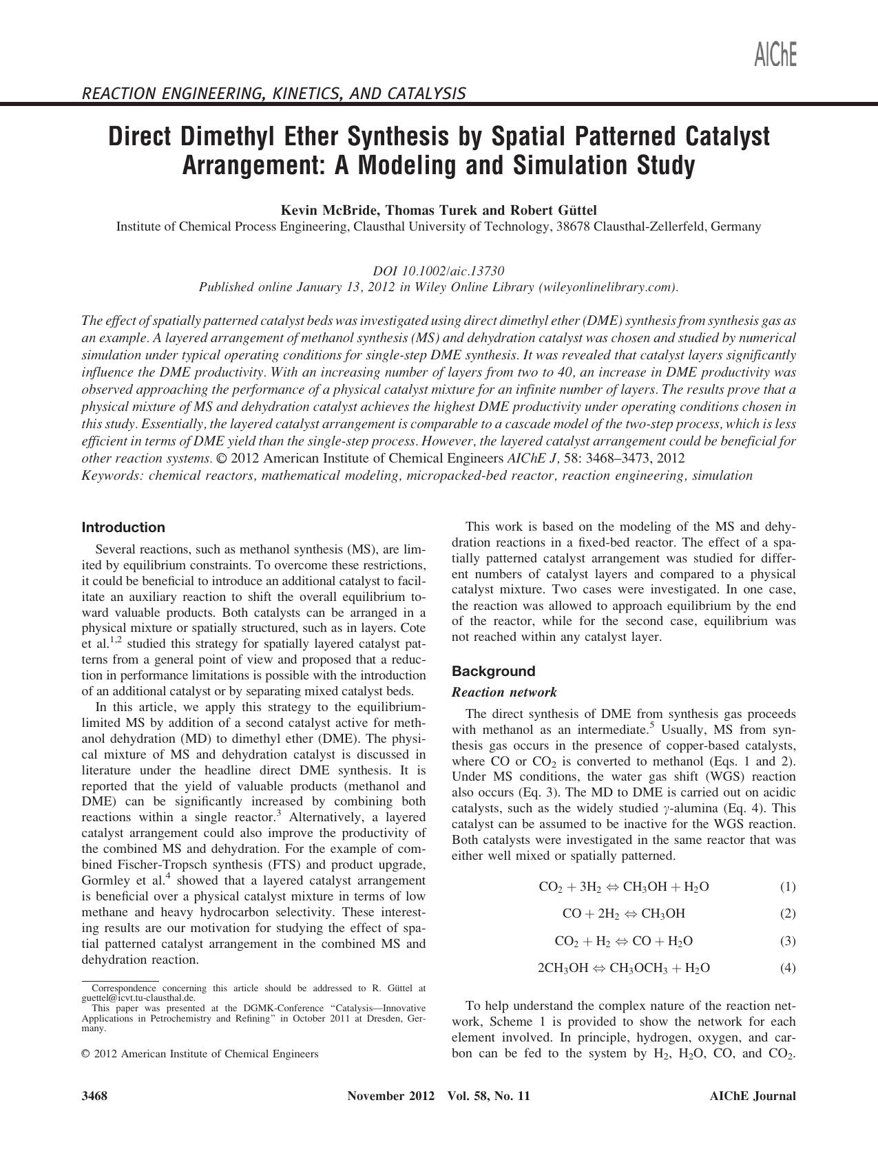 Direct dimethyl ether synthesis by spatial patterned catalyst arrangement: A modeling and simulation study by Unknown